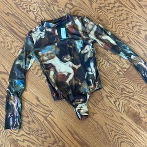 Multi Renaissance Printed High Neck Bodysuit Sz 8